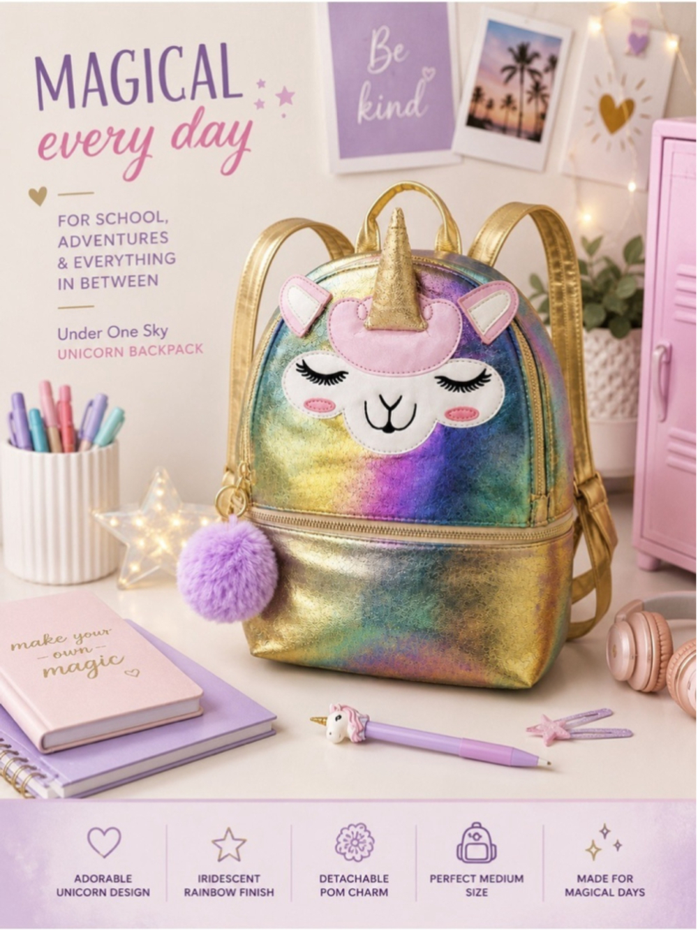 Under One Sky Unicorn Rainbow Backpack with Pom Charm | EUC